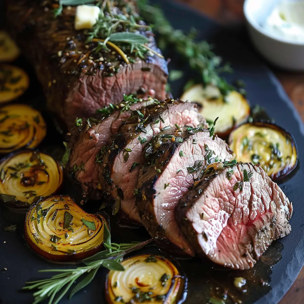 A plate of meat with herbs on it.
