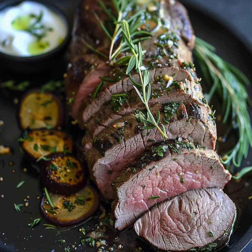 A plate of meat with herbs on it.