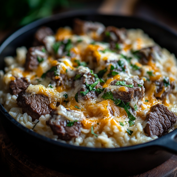 A pan filled with beef, rice, and a creamy cheesy sauce on top.