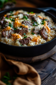 A pan filled with a mouthwatering mix of beef, garlic butter, and rice.