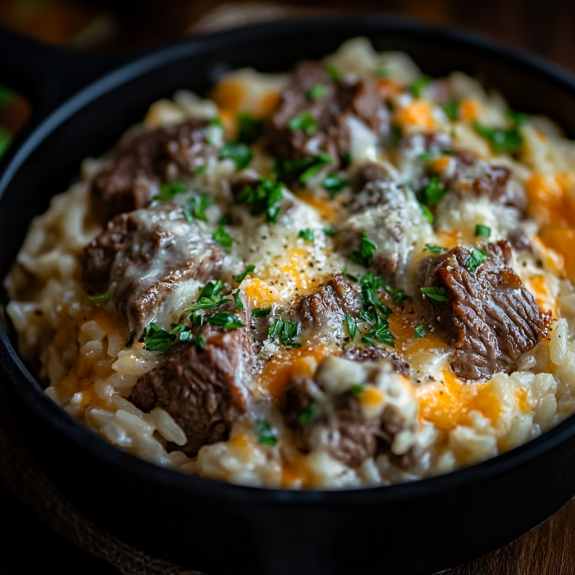 Hot skillet stuffed with beef, rice, garlic butter, and loads of cheesy sauce.
