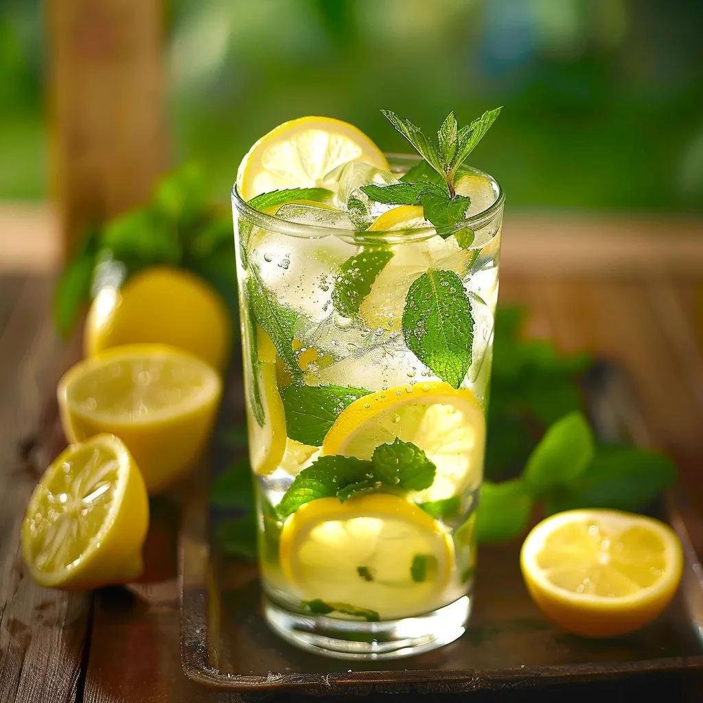 A glass of lemonade with lemon slices.