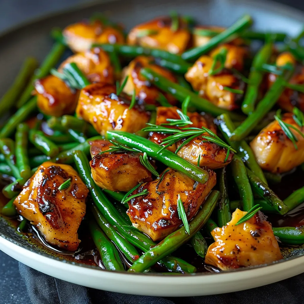 A plate of food with green beans and meat.