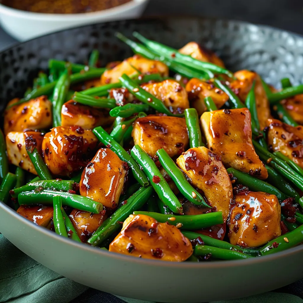 A bowl of food with green beans and meat.