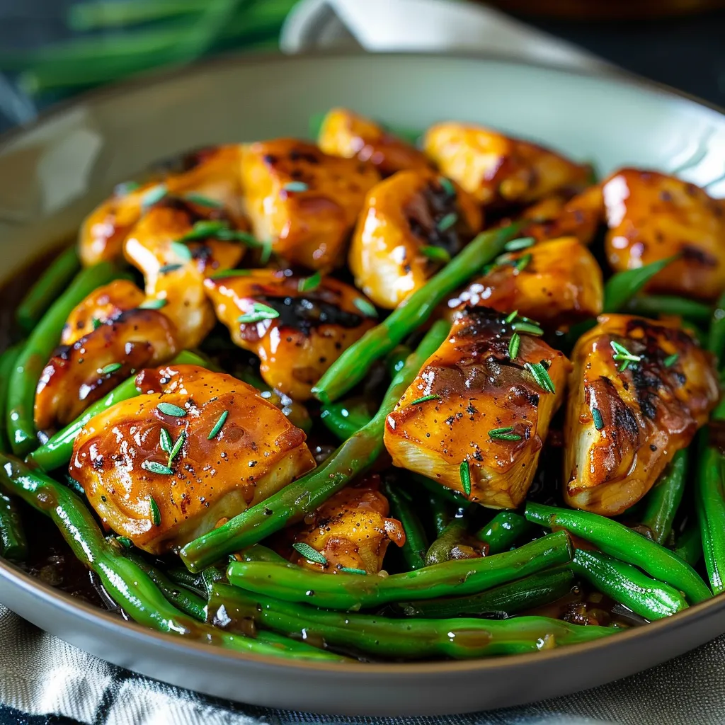 A plate of chicken and green beans.