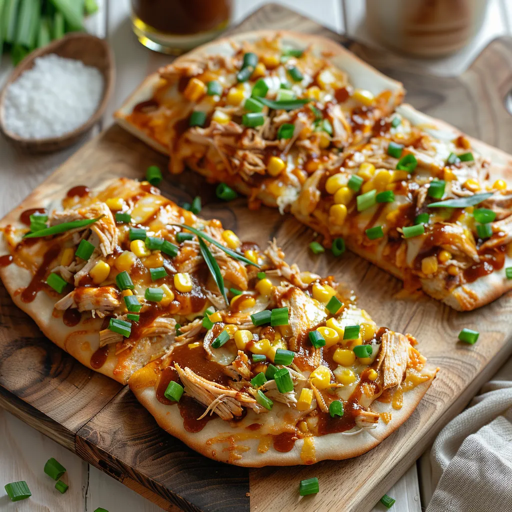 Two pieces of pizza with corn and chicken toppings.