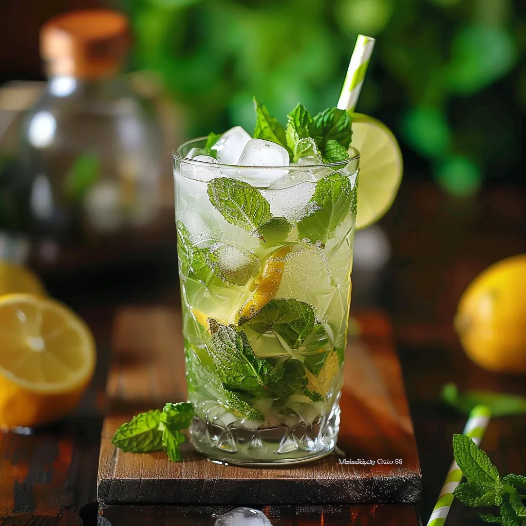 A glass of mint and lemonade with a lemon wedge on the side.