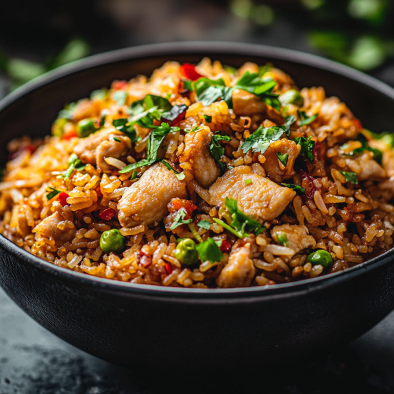 A bowl packed with bang bang chicken fried rice goodness.