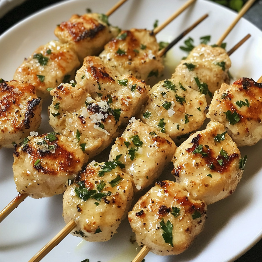 A plate of golden Garlic Parmesan Chicken Kebabs.