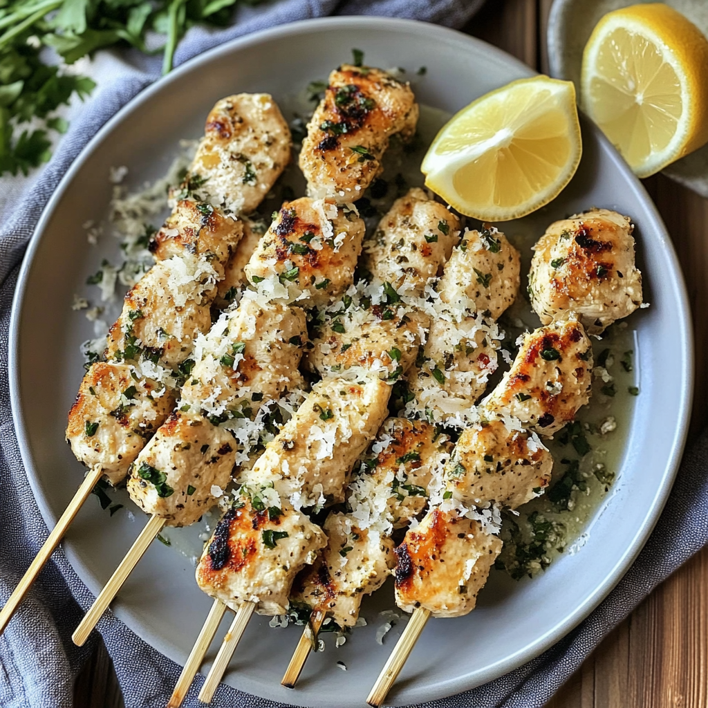 A plate of garlic Parmesan chicken kebabs.