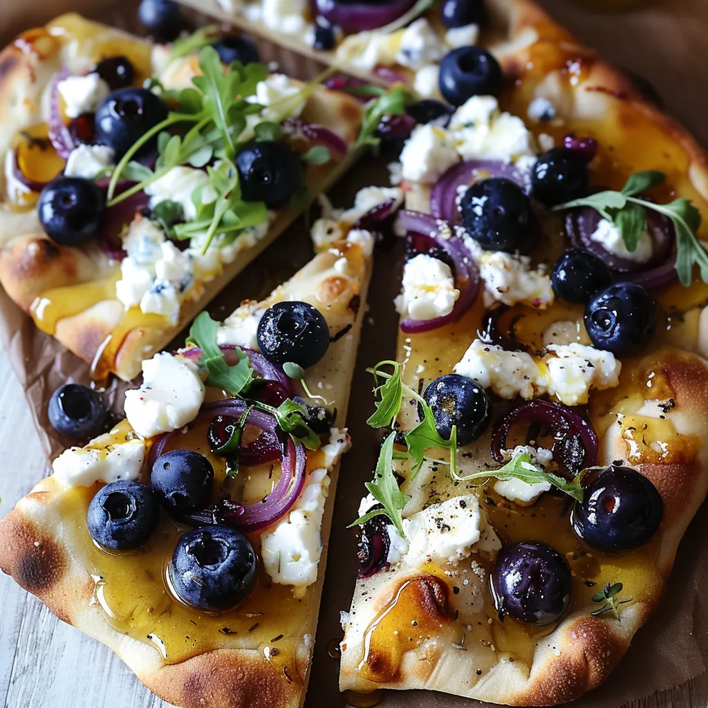 Flatbread baked with blueberries, cheeses, and greens.
