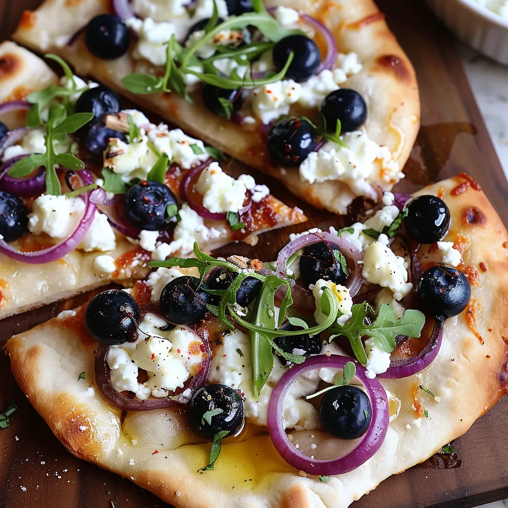 Flatbread topped with blueberries, cheese, and leafy greens.