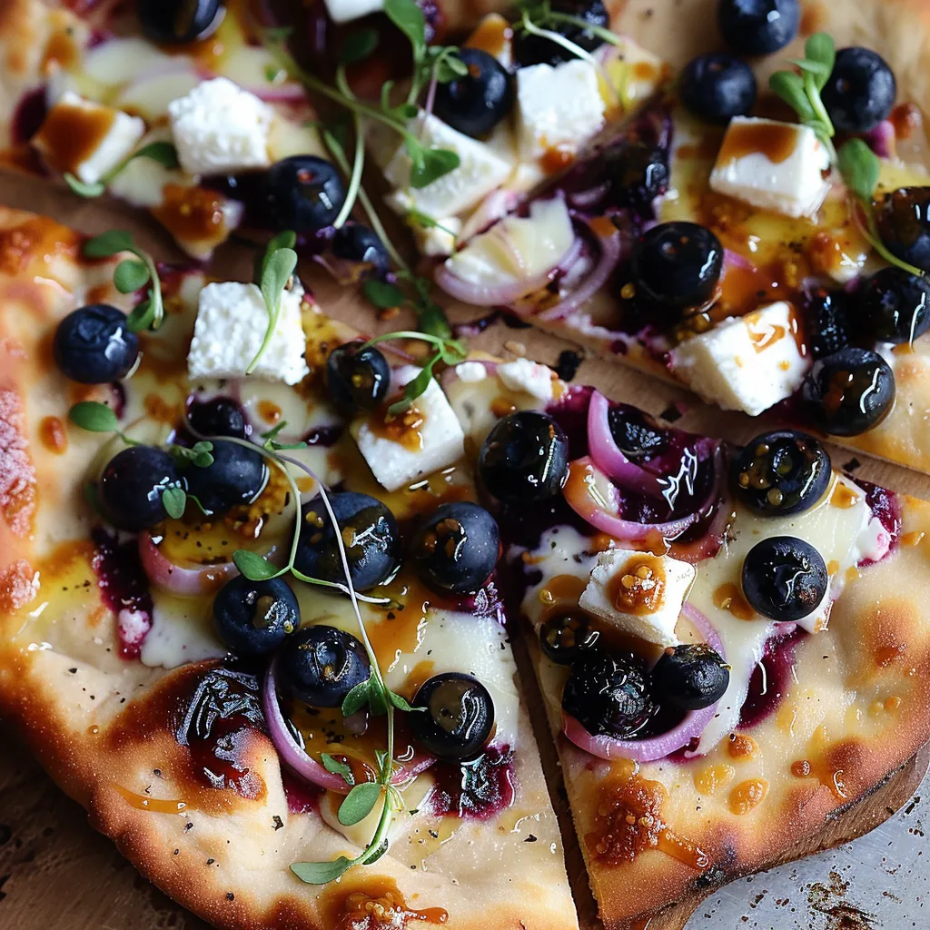 Blueberries and cheese melted on naan crust.
