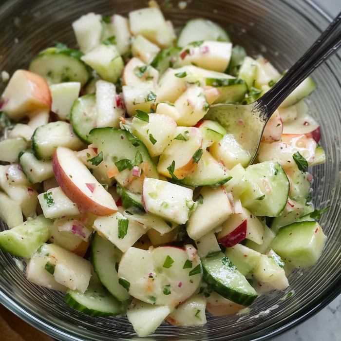 A bowl jam-packed with sliced apples and cucumbers.