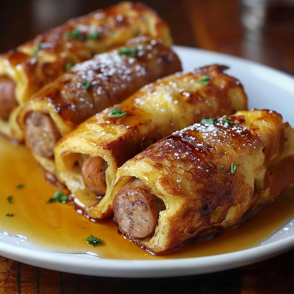 A plate of food with a sausage roll and a green garnish.