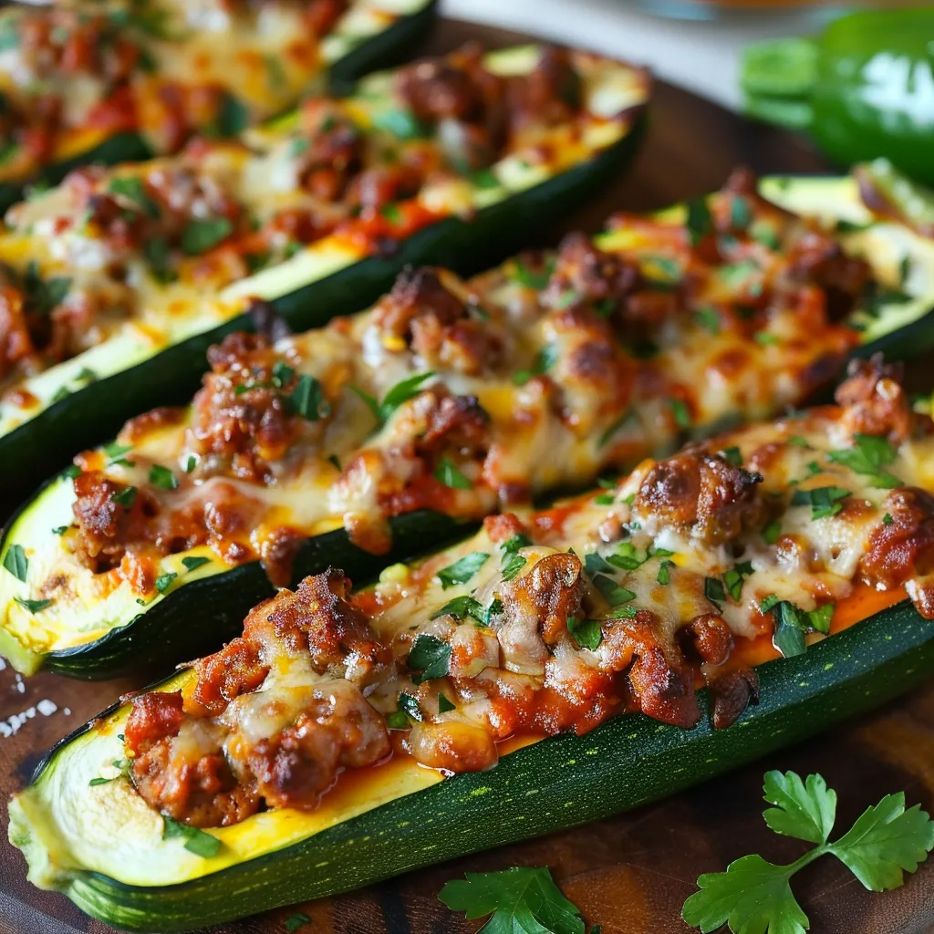 A plate of food with a zucchini and meat on it.