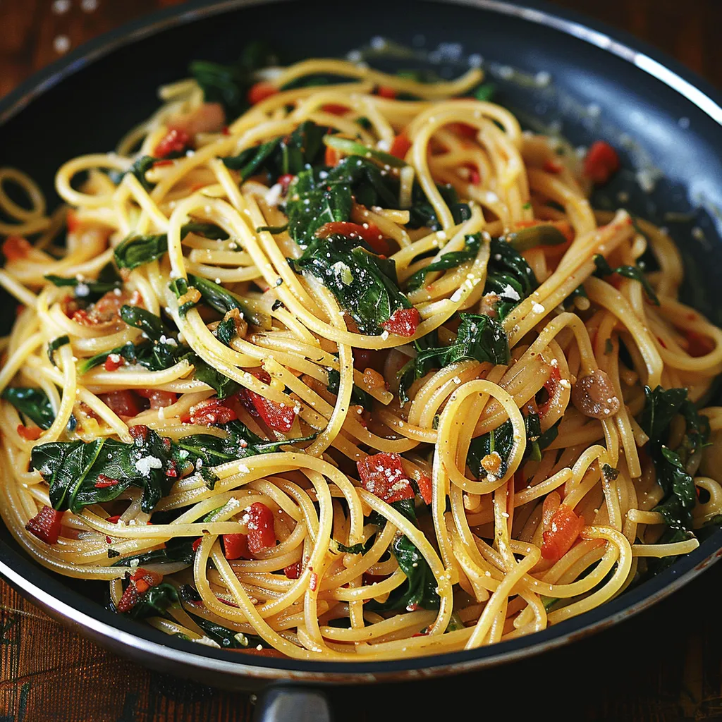 A plate of spaghetti with meatballs and spinach.