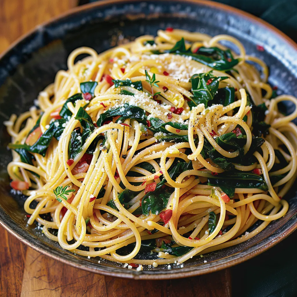 A bowl of pasta with spinach and tomatoes.