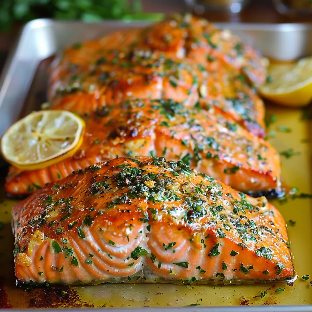 A pan of cooked salmon with lemon wedges on top.