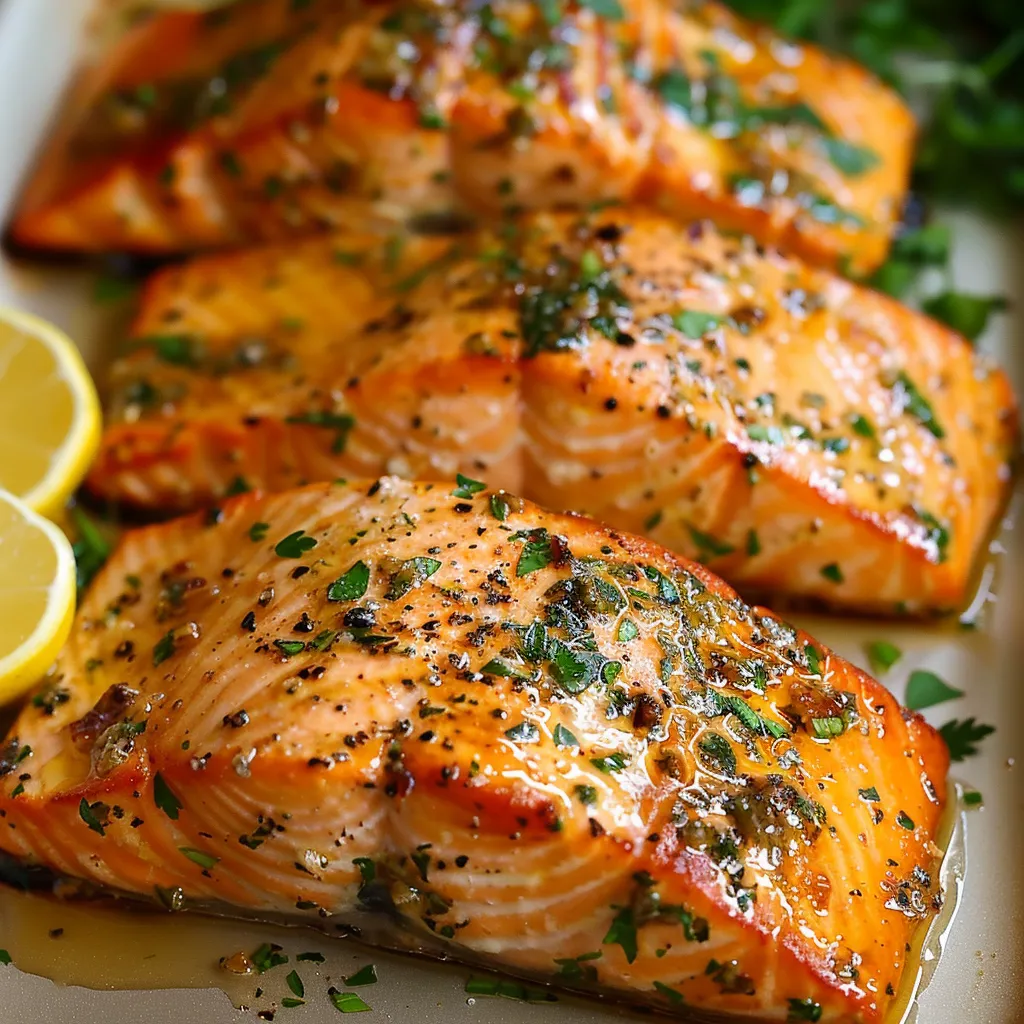 A plate of cooked salmon with herbs.