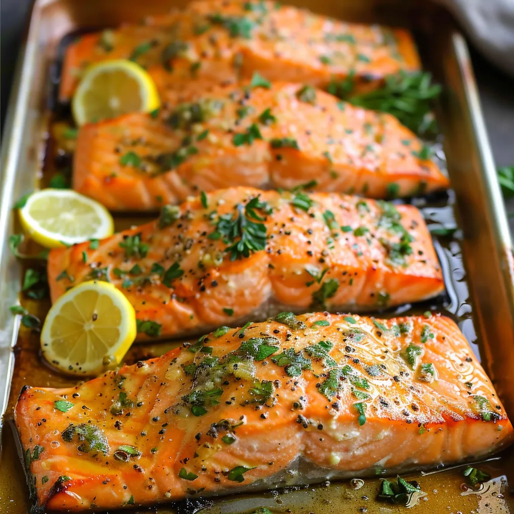 A pan of salmon with lemon wedges on top.