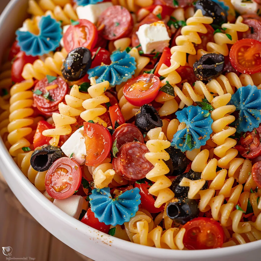 A bowl of pasta with tomatoes, olives, and blueberries.