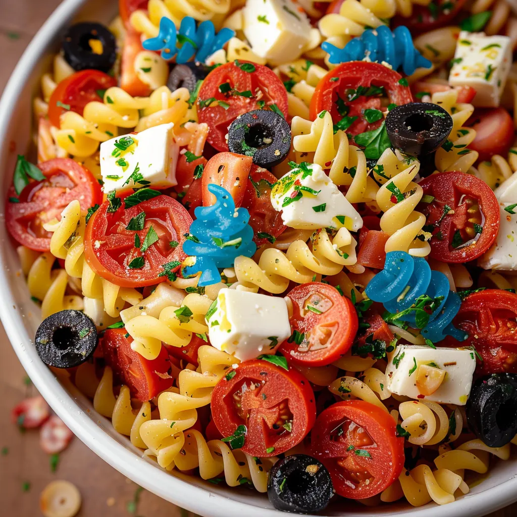A bowl of pasta with tomatoes, olives, and cheese.