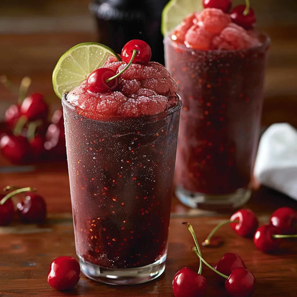 Cherry slushie in a glass.