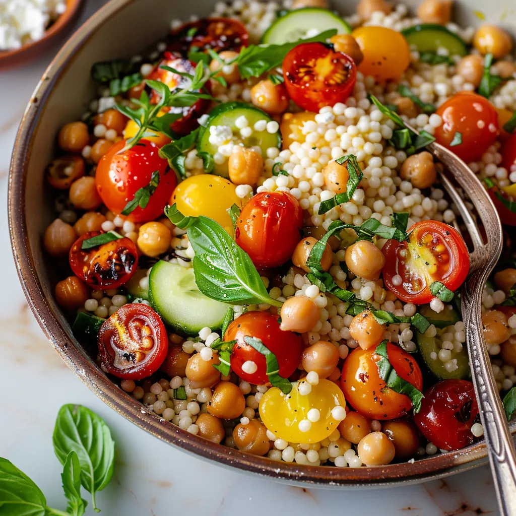 A bowl of food with tomatoes, cucumbers, and chickpeas.