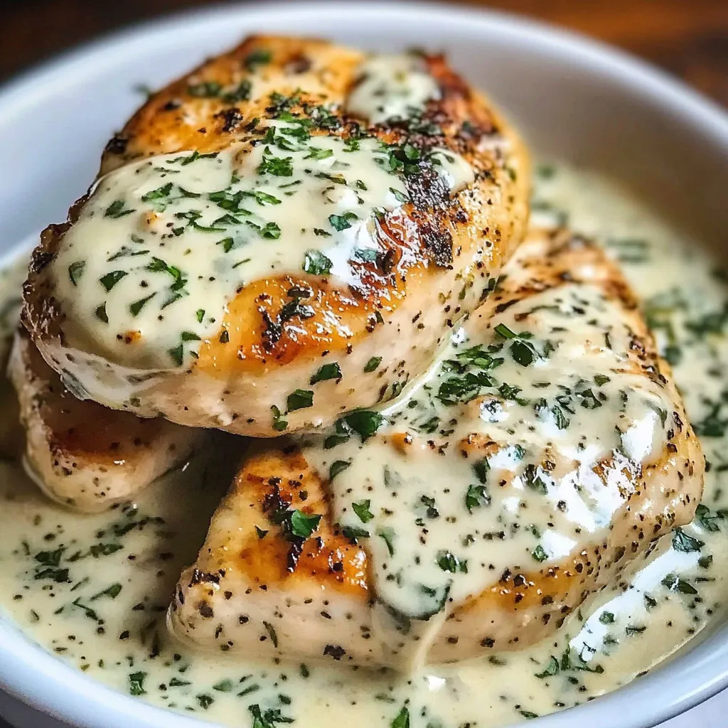Golden chicken coated in creamy Boursin cheese sauce with fresh herbs on a plate.