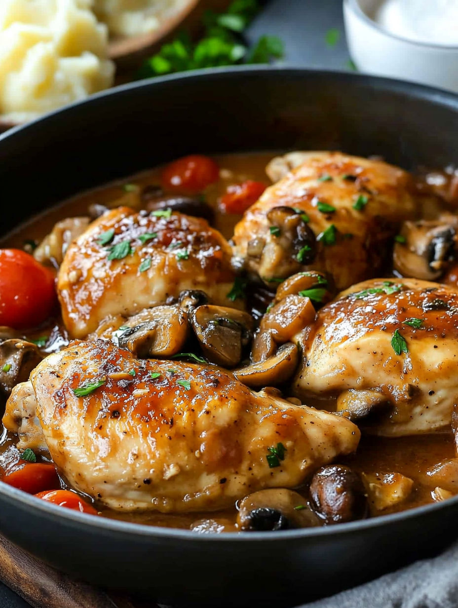 A tasty plate of chicken, tomatoes, and mushrooms in a black bowl.