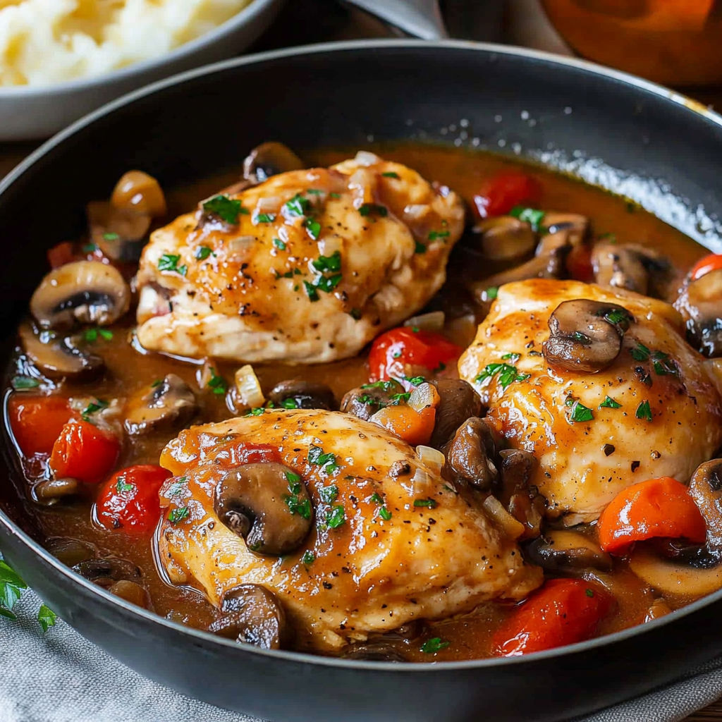 Skillet of chicken, mushrooms, and tomatoes in rich brown sauce.