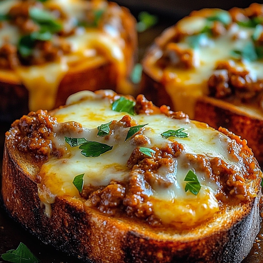 A hearty slice of bread covered with cheesy, saucy beef, displayed close up.