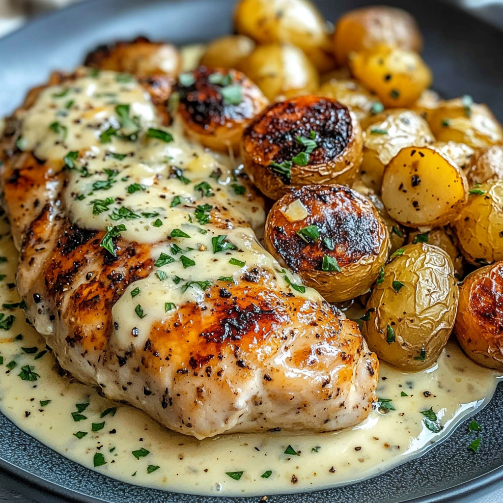 Golden garlic chicken with crispy potatoes plated beautifully.
