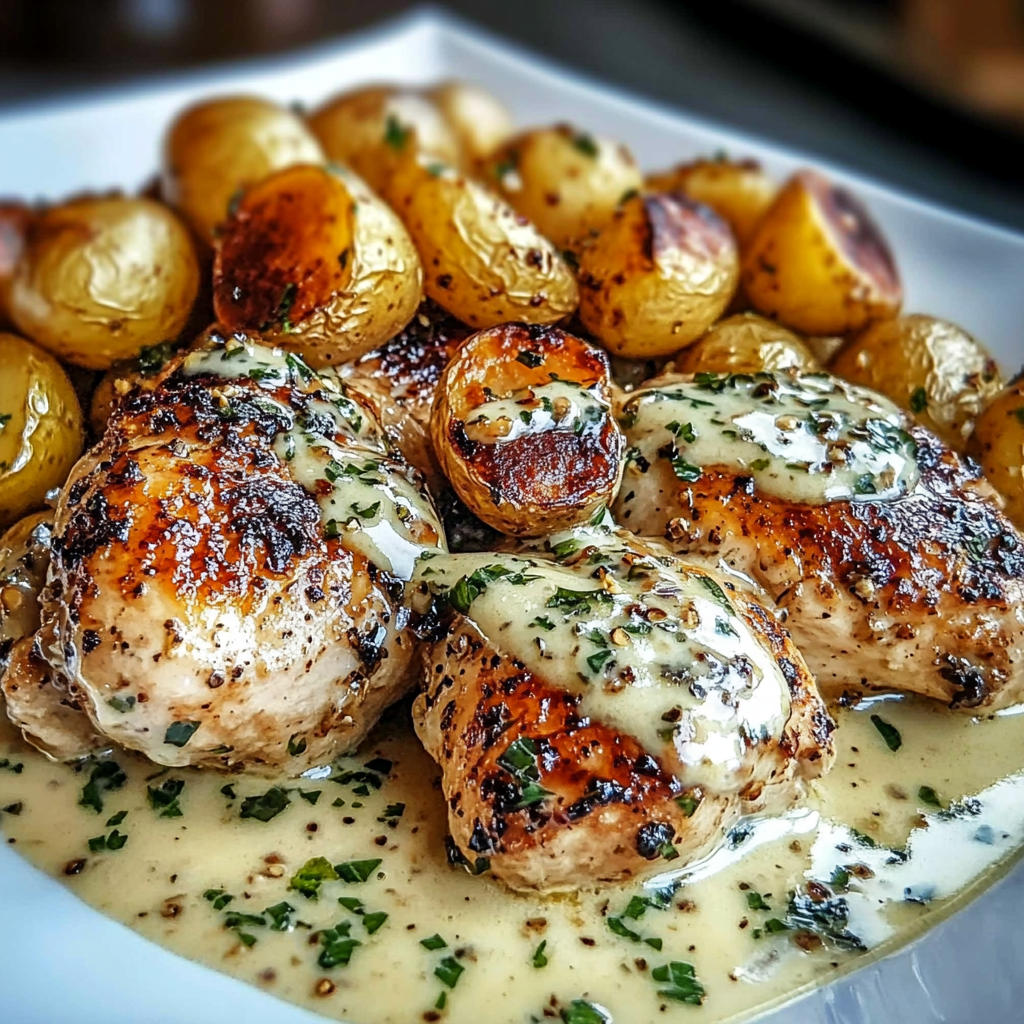 A plate showing golden chicken pieces and crispy potatoes, garnished with herbs, swimming in garlic cream sauce.