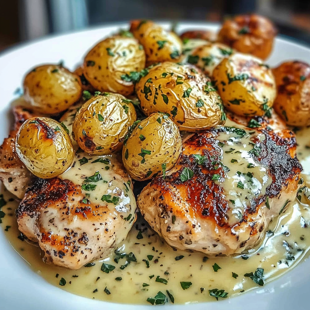 Tender chicken pieces beside crispy golden potatoes topped with a sprinkle of fresh herbs.