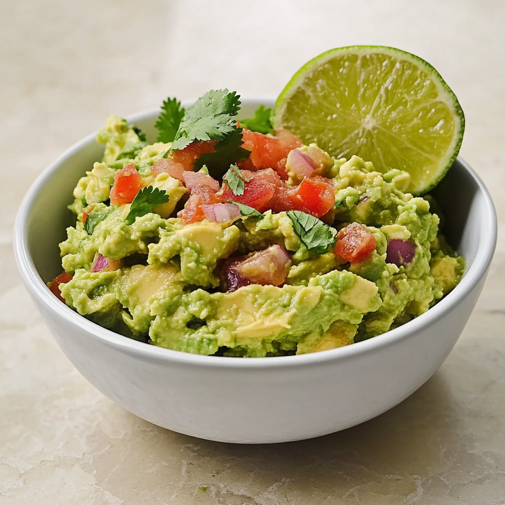 Guacamole in a bowl topped with tomato chunks and lime wedges.