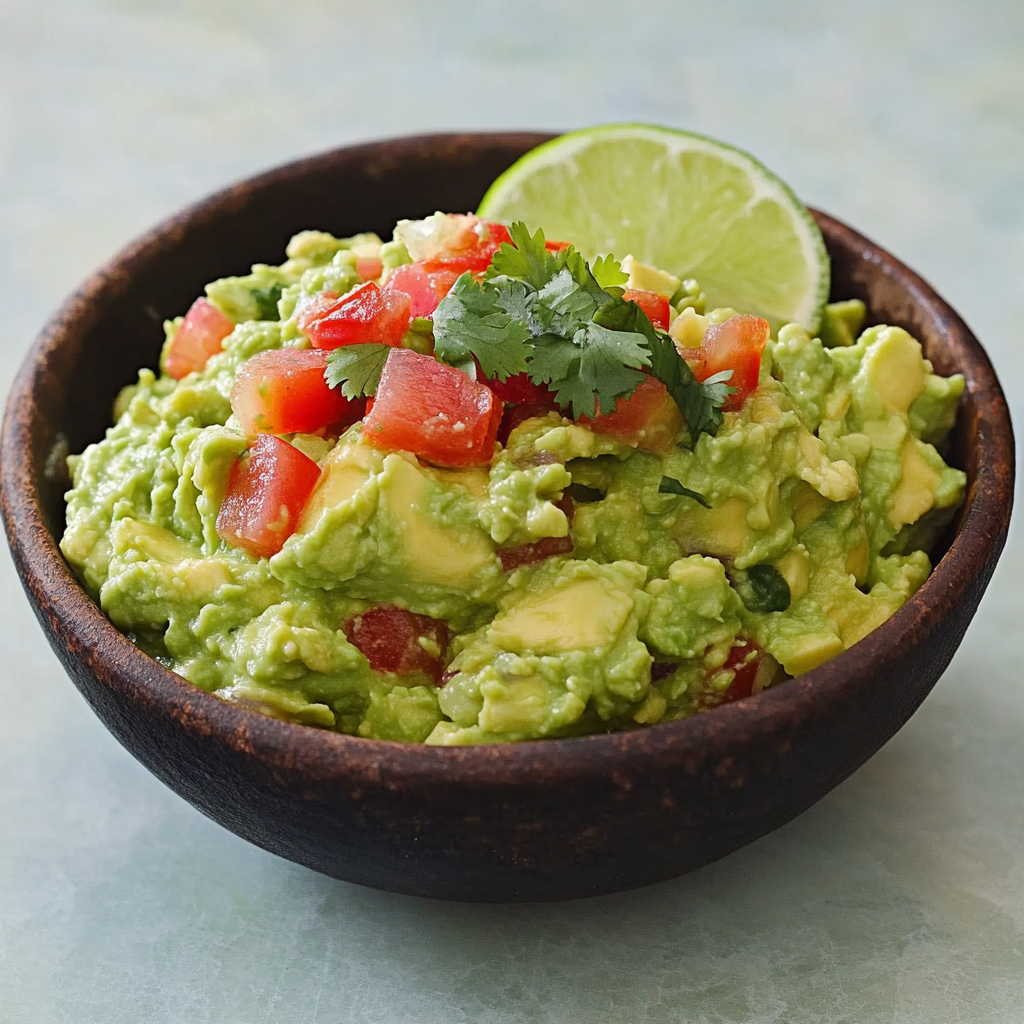 A bowl of guac loaded with tomatoes and limes up top.