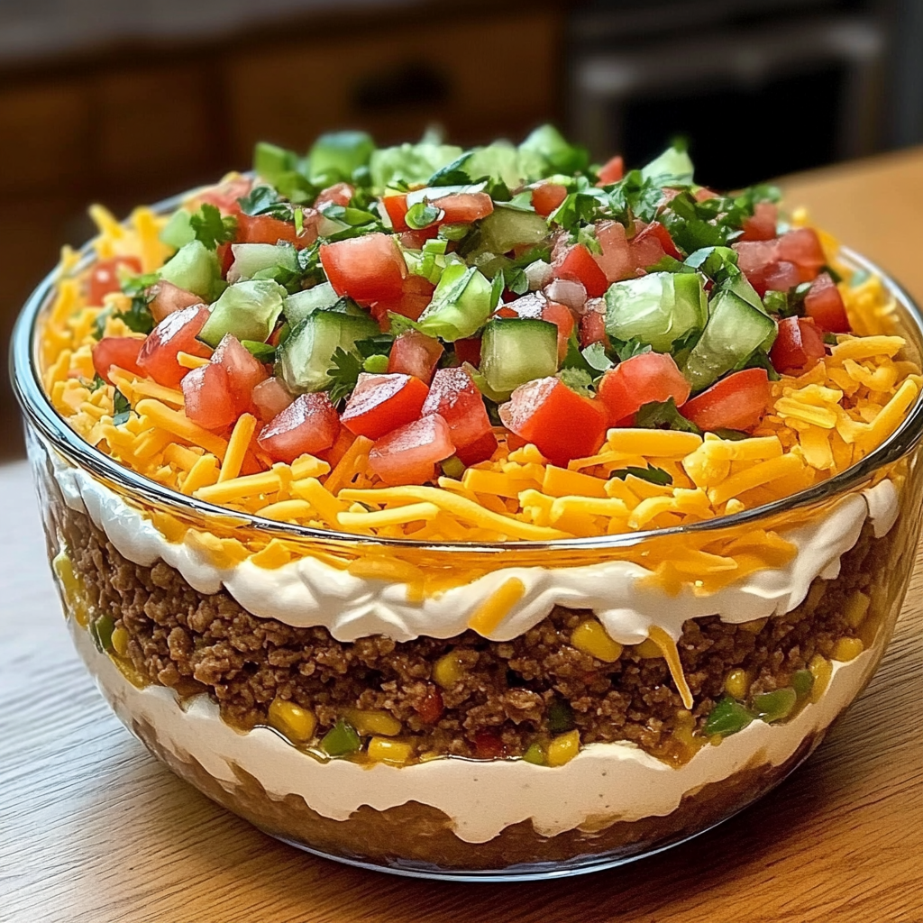 This colorful Seven-Layer Taco Dip sits in a clear glass bowl loaded up with veggies, gooey cheese, and lots of toppings.