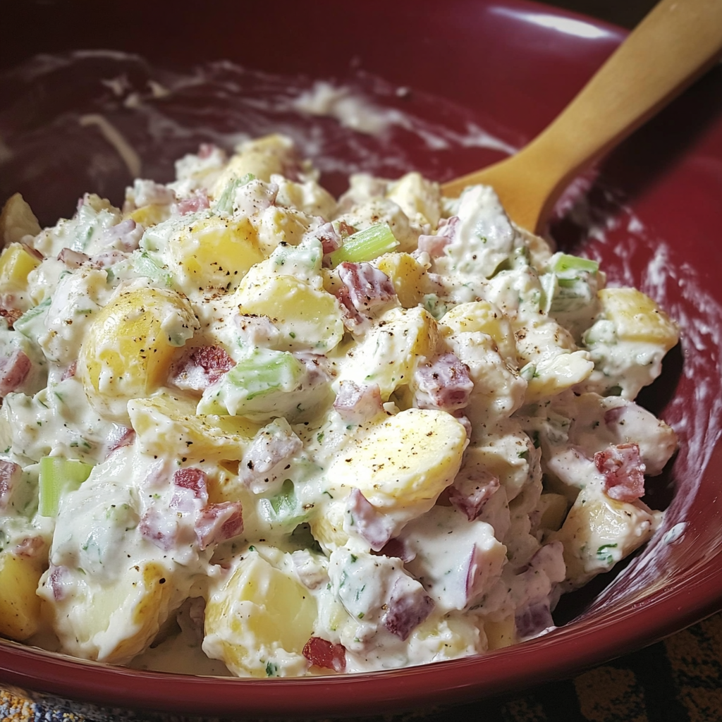 Bright bowl filled with red-skinned potato salad and a large spoon nearby.
