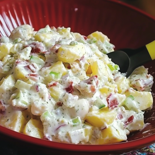 A red bowl loaded with mouthwatering red potato salad.