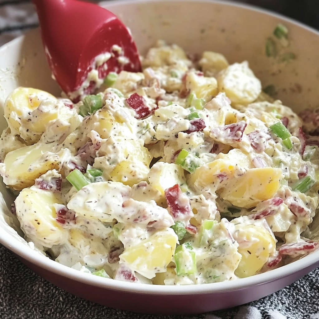 Bowl of creamy red-skinned potato salad with a serving spoon.