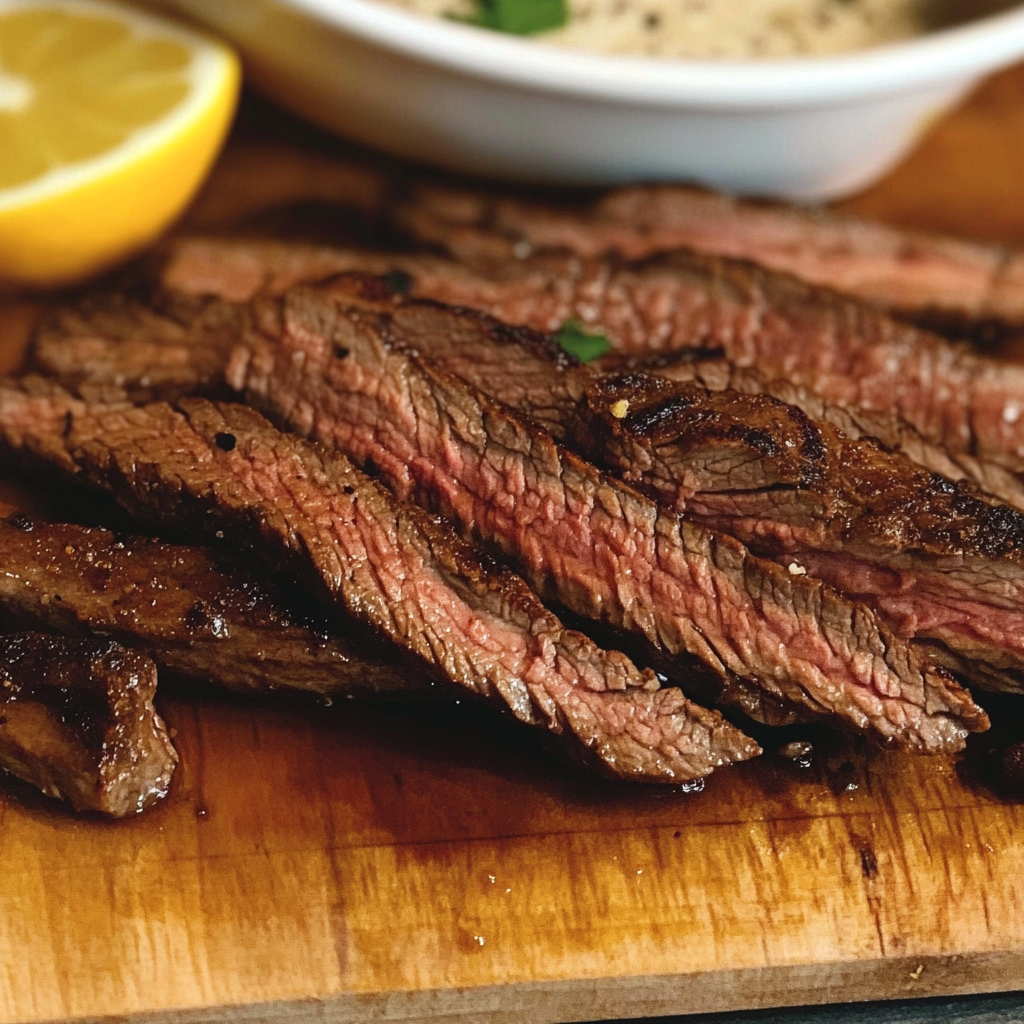 Slices of juicy marinated flank steak, sitting on a wooden board with lemon wedges on the side.
