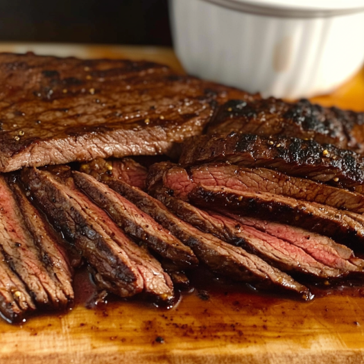 A juicy steak resting on a wooden board, ready to slice and serve.