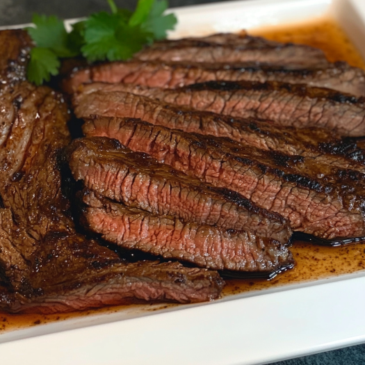 A plate of sliced steak topped with a sprinkle of parsley.