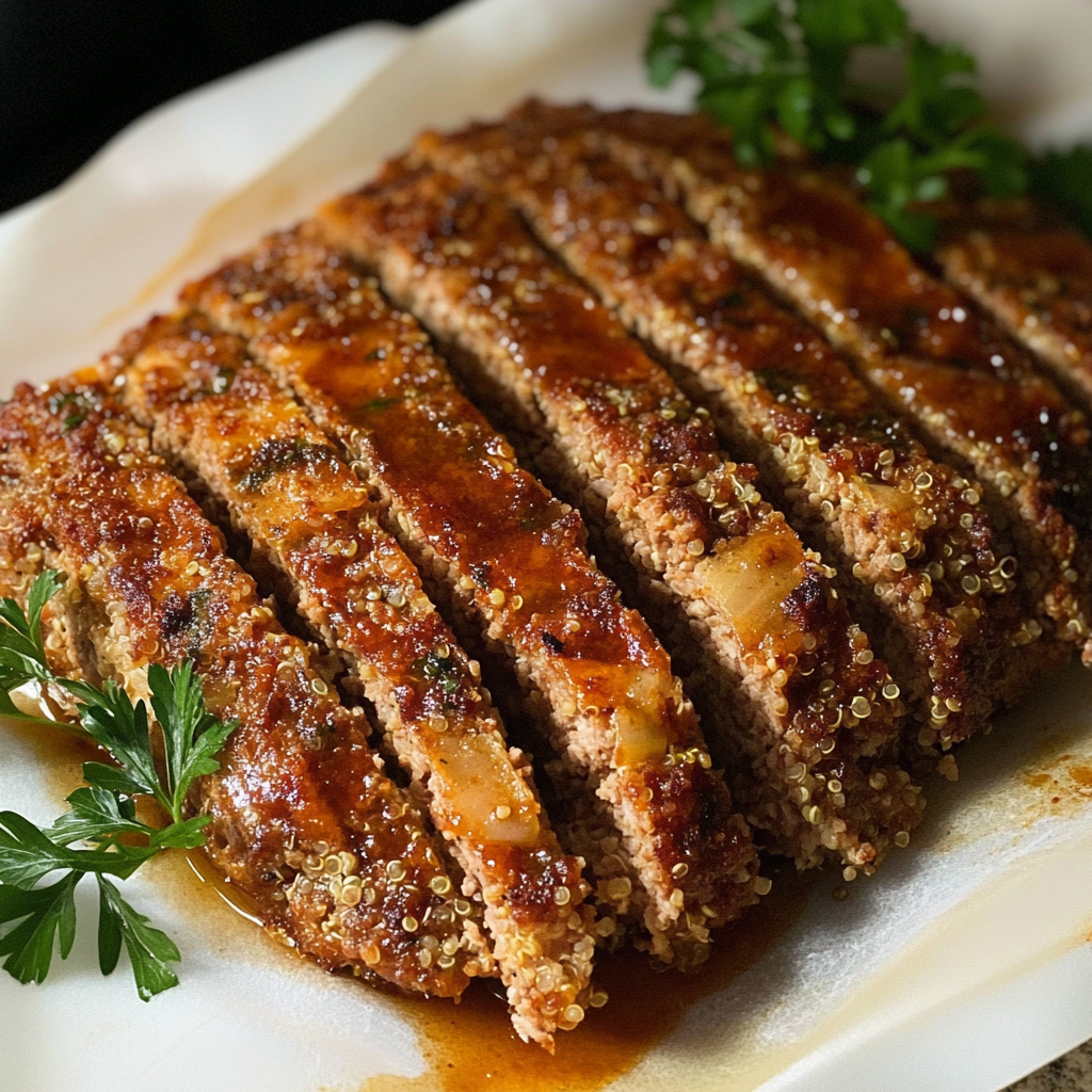 Slices of golden brown Turkey and Quinoa Meatloaf on a plate.