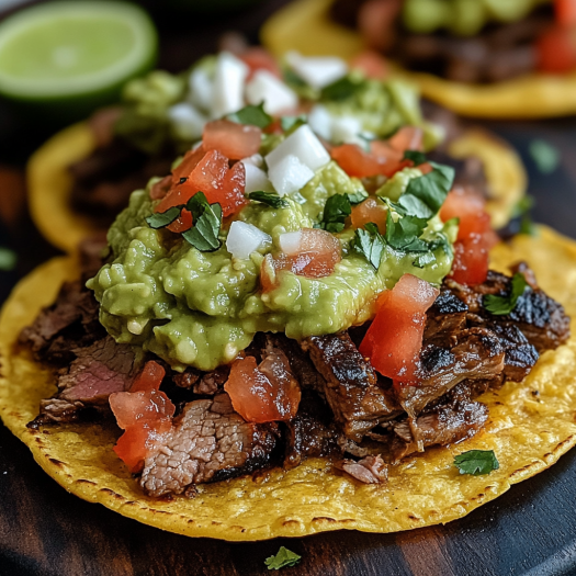Delicious Mexican Tostada de Carne Asada served up on a wooden board.