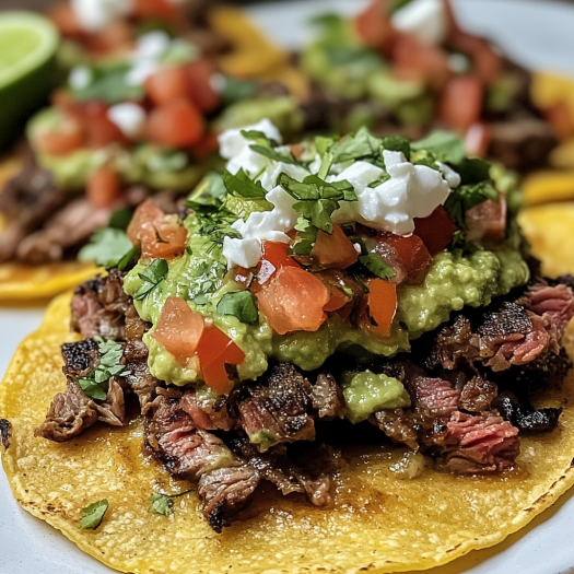 Carne Asada Tostada loaded with toppings on a bright plate.