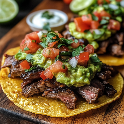Carne Asada Tostadas arranged on a rustic wooden board.