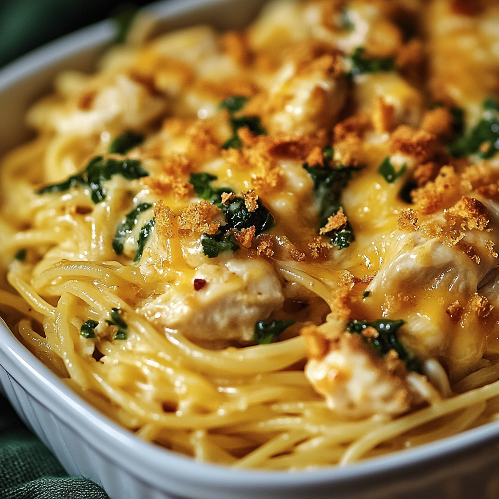 A bowl loaded with Monterey Chicken Spaghetti, melted cheese, and fresh herbs.